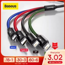 USB-кабель Baseus 3 в 1, кабель типа C для Samsung S20, кабель Xiaomi Mi 9 для iPhone 12 X 11 Pro Max, зарядное устройство Huawei, кабель Micro USB