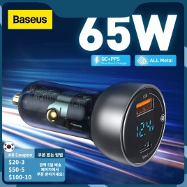 Автомобильное зарядное устройство Baseus 65 Вт PPS, USB Type C, двойной порт PD QC, быстрая зарядка для ноутбука, полупрозрачное автомобильное зарядное устройство для телефона для iPhone, Samsung