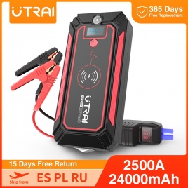 UTRAI 2500A Автомобильное пусковое устройство 24000 мАч Power Bank 10 Вт Беспроводное зарядное устройство Светодиодный свет Молоток безопасности Портативное зарядное устройство Jump Starter