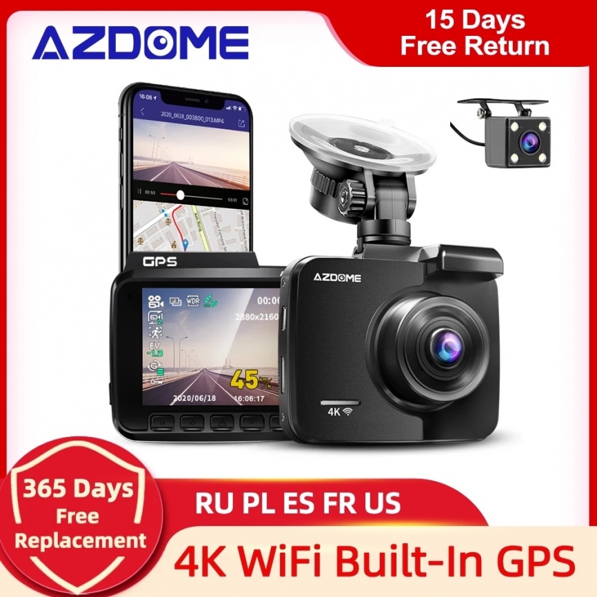 AZDOME GS63H Видеорегистратор с двумя объективами 4K UHD Запись Автомобильная камера DVR Ночное видение WDR Встроенный GPS Wi-Fi G-сенсор Обнаружение движения фото 1