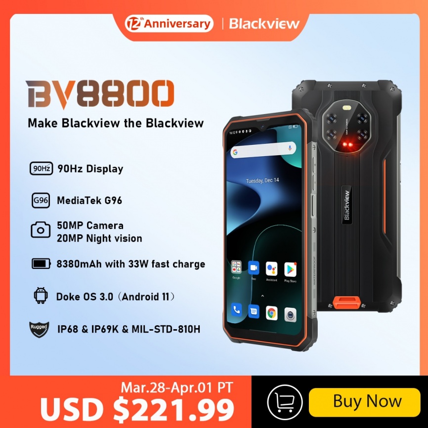[Мировая премьера] BLACKVIEW BV8800 Прочный смартфон, дисплей 90 Гц, 8 ГБ + 128 ГБ, Helio G96, 8380 мАч, мобильный телефон, глобальная версия фото 1