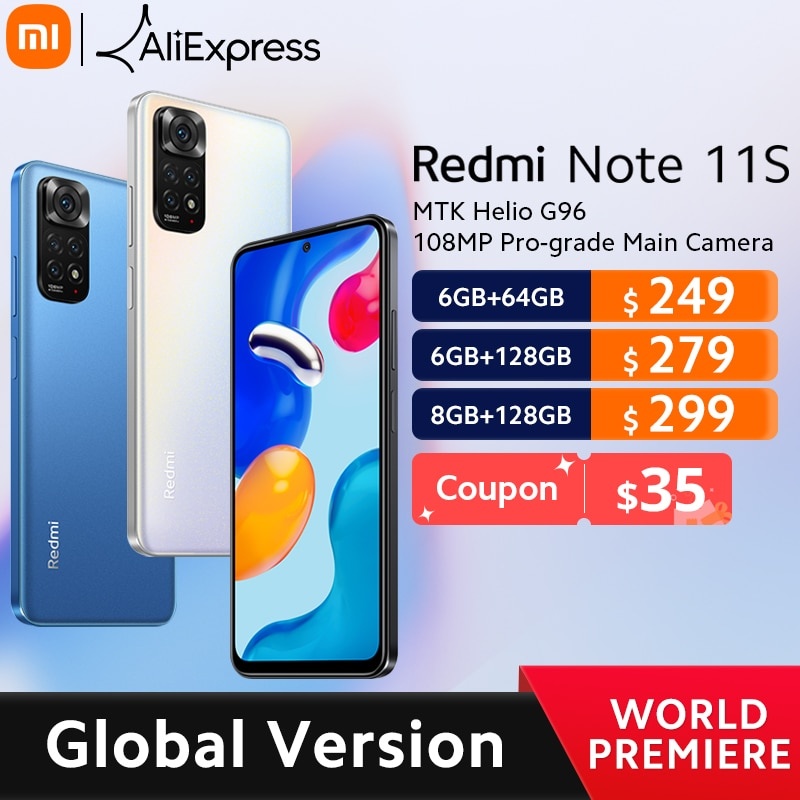 Глобальная версия мобильного телефона Xiaomi Redmi Note 11S 64 ГБ/128 ГБ Helio G96 Octa Core 5000 мАч Аккумулятор 33 Вт Pro Зарядка 108-мегапиксельная камера фото 1