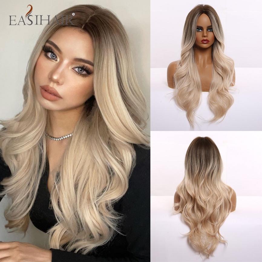 EASIHAIR Ombre коричневый светло-русый платиновый длинный волнистый парик средней части волос косплей натуральный термостойкий синтетический парик для женщин фото 1