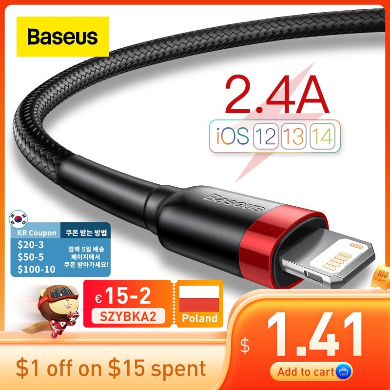 USB-кабель Baseus для iPhone 13 12 11 Pro Max Xs X 8 Plus Кабель 2.4A Кабель для быстрой зарядки для iPhone Зарядный кабель USB-кабель для передачи данных фото 1