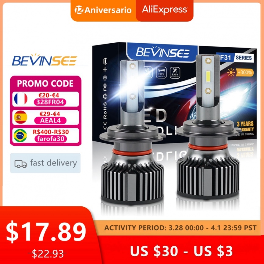 Bevinsee H7 H4 H1 H11 светодиодные лампы 12 В 24 В H3 ​​H8 HB4 9006 HB3 9005 9012 автомобильные светодиодные фары 6000 К 8000 К 50 Вт авто фары F31B фото 1