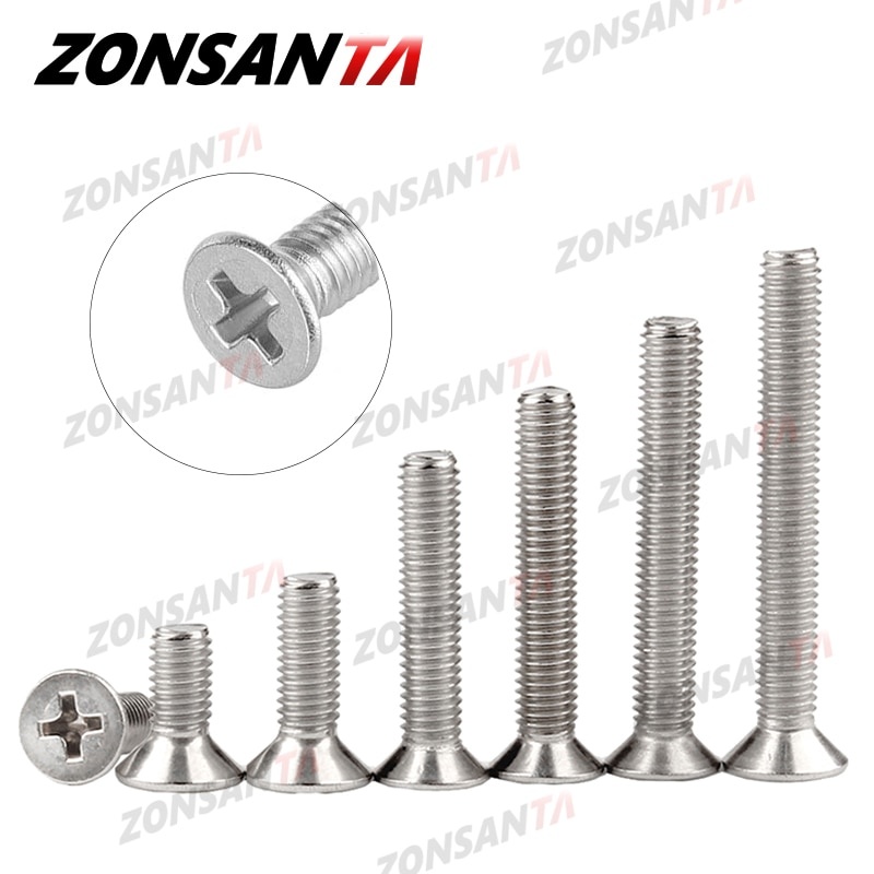 ZONSANTA M1.6 M2 M2.5 M3 M4 M5 M6 Mini Micro Small 304 Крест из нержавеющей стали Phillips Плоский болт с потайной головкой Мебельный винт фото 1