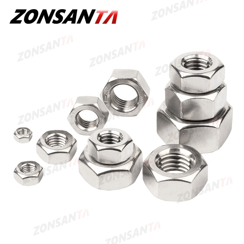ZONSANTA Метрическая шестигранная гайка из нержавеющей стали 304 DIN934 M1 M1.2 M1.4 M1.6 M2 M2.5 M3 M4 M5 M6 M8 M10 M12 M16 M20 Винтовые гайки фото 1